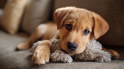 Adorable Golden Retriever Puppy Resting on a Couch with a Toy.