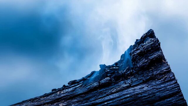 Abstract view of a sharp dark rock formation against a dynamic blue cloudscape.