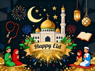 Watercolor Eid al-Fitr Celebration Illustration with Mosque