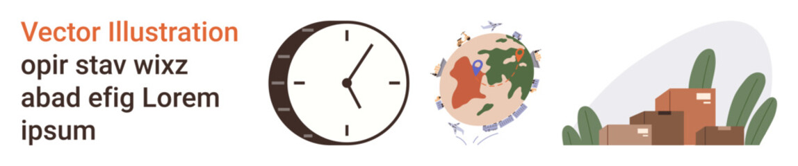 Time management, logistics, delivery, global trade, supply chain, international business. Features a clock, a globe with arrows and shipping boxes. Time management and logistics concept