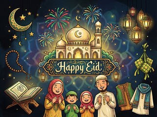 Smiling Muslim Community Celebrating Eid al-Fitr Illustration