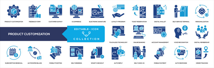 Product Customization Glyph Color Icon Collection. Containing customer survey, ecommerce platform, electronic signature, loyalty program, ticket reservation