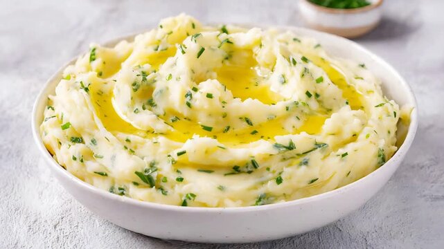 Delicious Creamy Mashed Potatoes with Fresh Green Herbs and Golden Melted Butter Drizzle.