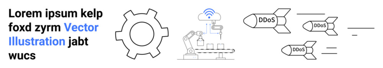 Gear and robotic arm with wireless symbol showing automation in manufacturing. Incoming DDoS missiles illustrating cybersecurity threats. Ideal for technology, manufacturing, automation, security