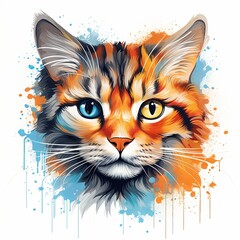 Fototapeta premium Colorful Cat Portrait with Heterochromia, Abstract Style, and Watercolor Splatter Effect Artwork