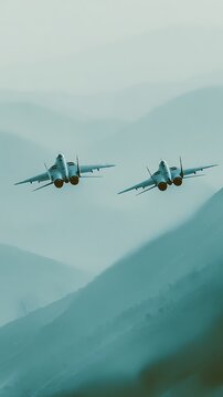 Two MiG29 Fighters Flying in Formation Over Misty Mountains