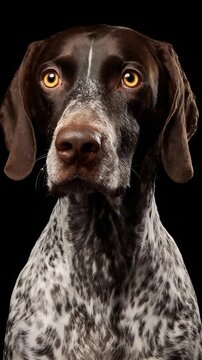 Close-up portrait of a majestic German Shorthaired Pointer dog with intense yellow eyes.