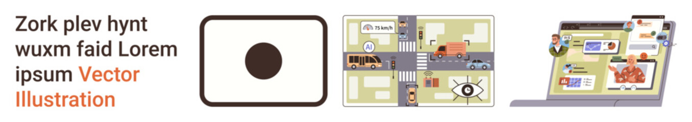 Smart cities, urban planning, navigation tools, online interfaces, technology networking, digital innovation. A map, a city grid and software interfaces. Smart cities and urban planning concepts