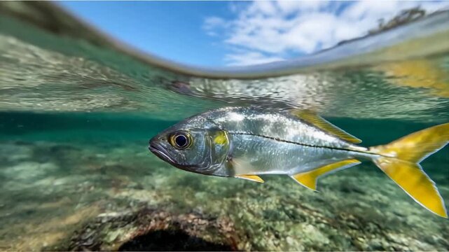 Stunning split shot captures a vibrant silver and yellow fish in pristine tropical waters.
