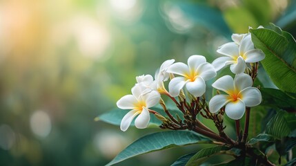 Beautiful White Plumeria Flowers Blooming in Soft Sunlight.