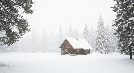 深く雪が積もる冬の森にひっそり佇む木造の小さな山小屋 柔らかな冬の光が白銀の世界を幻想的に照らし出し静寂が広がる美しい風景. AI Generated