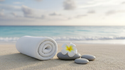 Tropical wellness retreat with plumeria flower towel and zen stones on beach sand under cloudy sky for spa therapy relaxation and peaceful vacation concept
