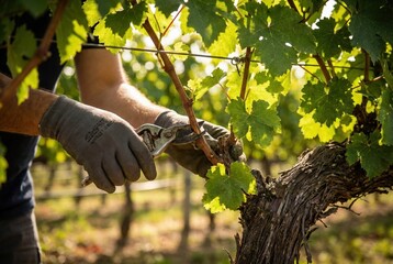 Hands in gloves pruning a grape vine with pruning shears in a vineyard during the day