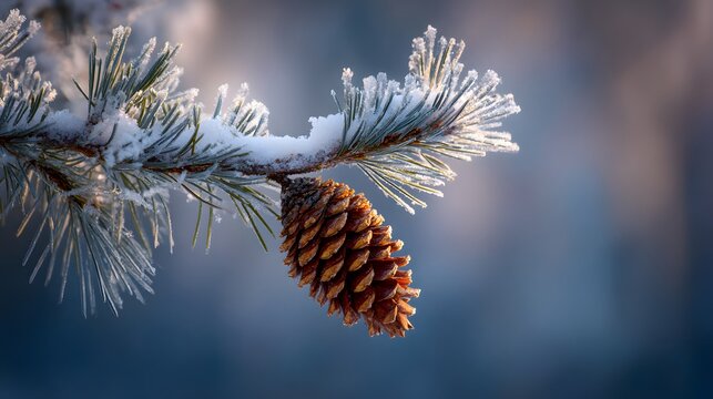 Close up of a pine cone on a snow-covered pine branch in winter. - Powered by Adobe