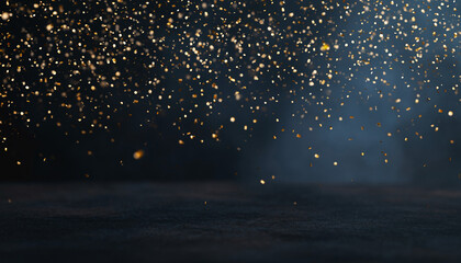 Minimal New Year background with soft golden confetti floating on dark background, elegant and modern design, abstract festive mood, clean composition, empty space for text, ultra high resolution, com