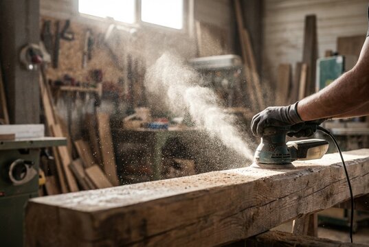 A skilled carpenter meticulously sands a rough wooden beam in a sunlit workshop, creating a cloud of sawdust as they refine the timber for a new project - Powered by Adobe