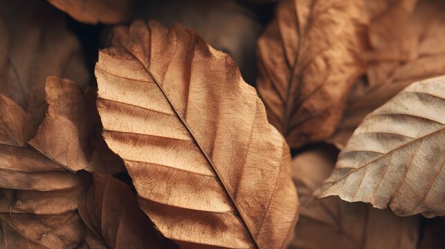 Close up of dry brown beech leaves in autumn.