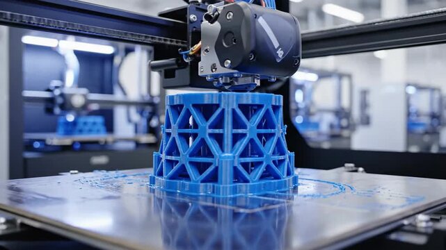 3D printer creating a blue lattice object, close up view, with machinery and another printer blurred in the background