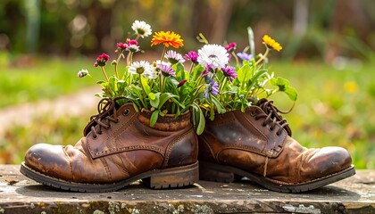 Worn leather boots filled with colorful wildflowers