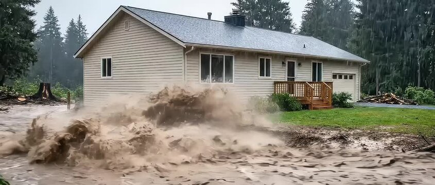 Sequence showing heavy rain in a lush forest transitioning to deforestation caused flash floods that eventually crash into a suburban home with powerful muddy water