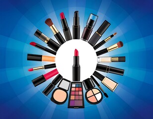 Colorful makeup products arranged in a circle on a vibrant blue background