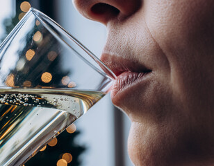 Close-up of woman drinking champagne with festive bokeh lights