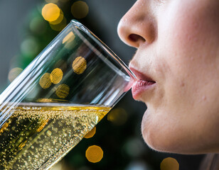 Close-up of woman drinking champagne with festive bokeh lights