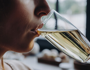 Close-up of woman drinking champagne with festive bokeh lights