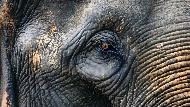 Majestic Elephant Eye Close Up Revealing Textured Skin and Expressive Gaze in Detail.