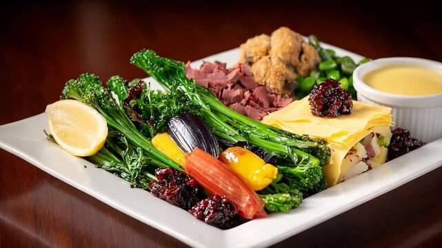 Beautifully Plated Dinner with Vibrant Vegetables, Savory Beef, Crispy Fritters, and Creamy Sauce.