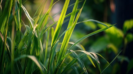 Close-up of Lush Green Grass Blades Illuminated by Golden Sunlight.