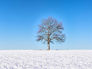 Bare Tree on Snowy Hill Under Blue Sky