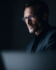 Fototapeta premium confident professional portrait working on laptop, business lifestyle mood