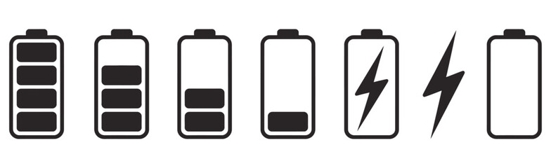 Monochrome Battery Charge Level Indicator Icons, a minimal vector set including battery levels, low power warnings, and charging signs for mobile applications