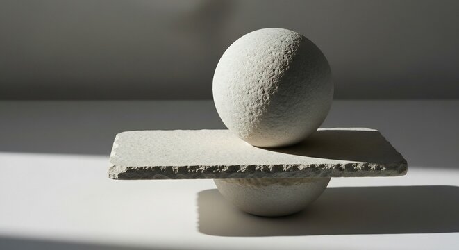 A lightcolored textured sphere rests on a flat slab which in turn balances on a curved base casting sharp shadows