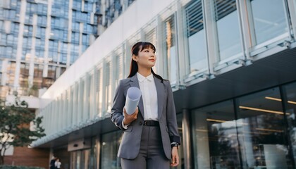 Architect with Blueprint Roll. Beautiful Asian Woman Portrait