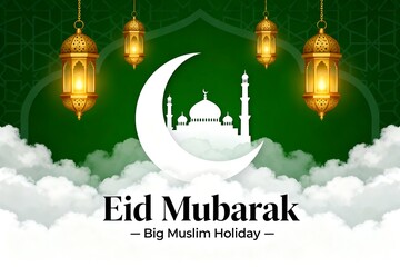 Eid al-Fitr Illustration with Mosque and Cloudy Sky