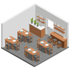 Isometric Restaurant Interior with Tables and Chairs.