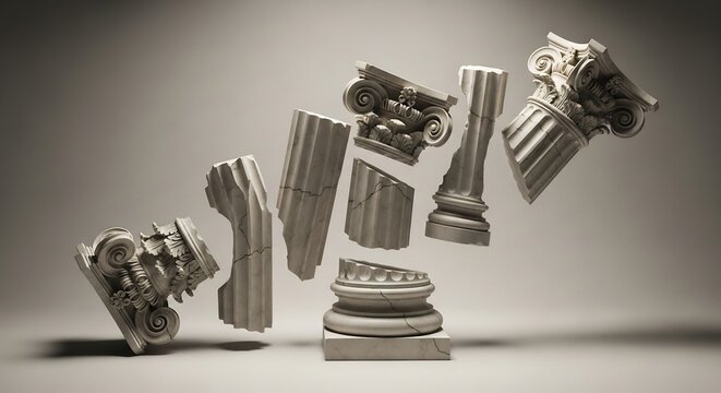 Fractured classical columns in pieces some suspended on a subtle grey studio background