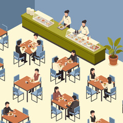 People Eating at Cafeteria Tables Top View.