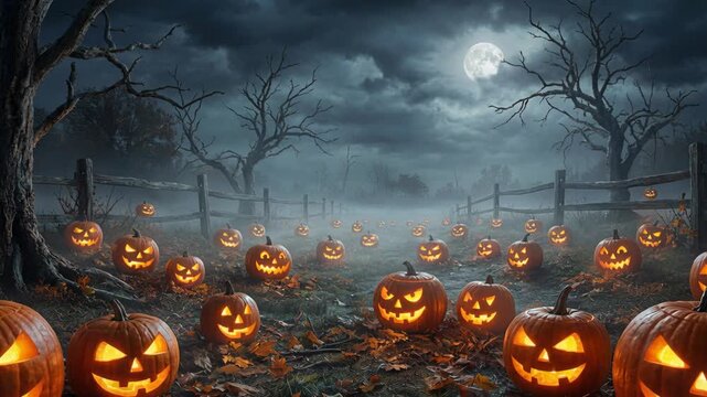 A field filled with numerous carved pumpkins glowing eerily on a dark, misty Halloween night under a full moon with bare trees and a rustic fence