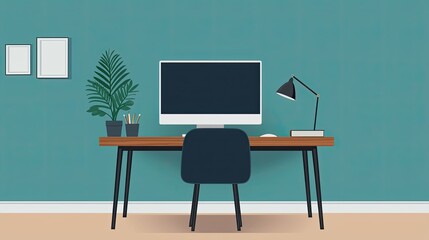 Home office freelance flexibility concept, Modern Workspace with Desktop Monitor and Green Decor Elements