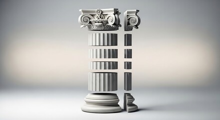 Naklejka premium White classical column disassembled into capital fluted shaft sections and base on a grey background with a crosssection