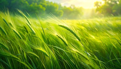 Green grass sways in sunlight