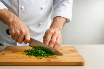 chef chopping fresh green herbs on wooden cutting board with sharp kitchen knife in professional culinary kitchen