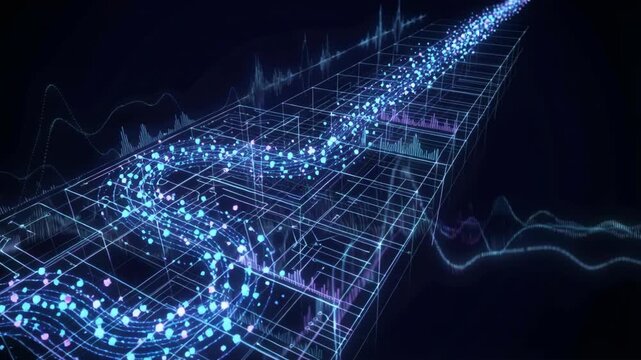 Abstract visualization of digital data flow with glowing blue and pink particles moving through a grid structure, overlaid with sound wave patterns
