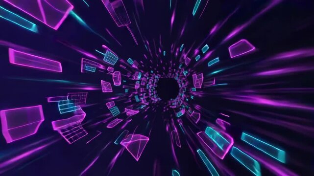 Abstract digital tunnel with neon pink and teal geometric shapes speeding through a dark, futuristic space. Features motion blur and glowing lights