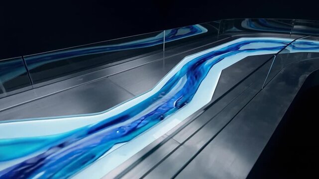 Abstract fluid dynamics simulation showcasing vibrant blue and cyan liquid flowing through intricate channels on a white surface bordered by metallic