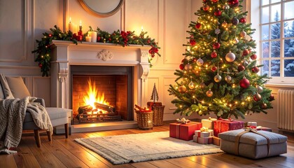 Cozy Christmas living room with a decorated Christmas tree, glowing fireplace, and holiday gifts