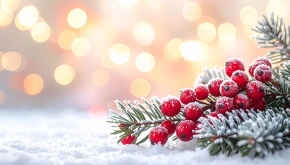 Christmas holiday background with frosted fir branches, red berries, and sparkling bokeh lights on fresh snow, creating a festive winter scene.